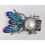 Silver bug brooch/pendant set with pearl and rubies and inlaid with enamel