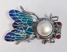 Silver bug brooch/pendant set with pearl and rubies and inlaid with enamel