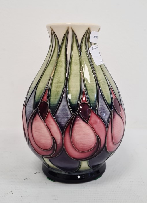 Moorcroft vase with pink and blue flowers with green leaves, cream ground, baluster form, dated - Image 2 of 6