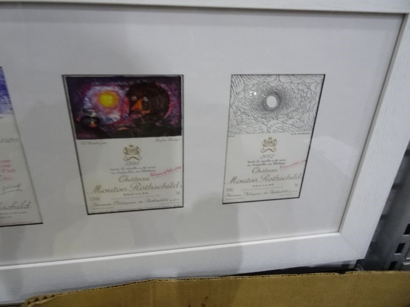 Framed wine labels mainly Chateau Mouton Rothschild and a box of canvas prints of wine labels (1 box - Image 10 of 17