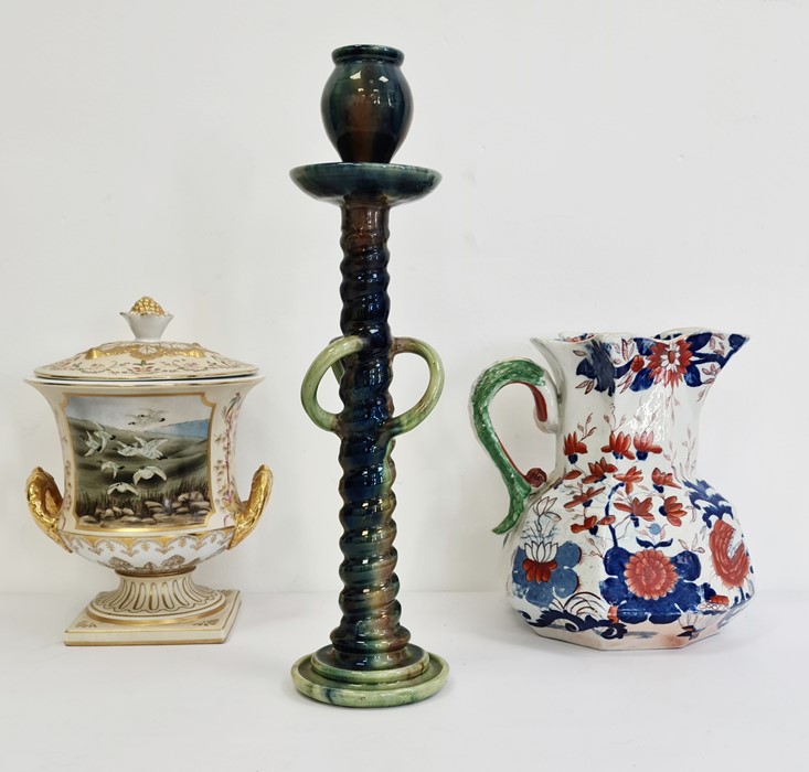 Large Masons ironstone china jug decorated in the Imari pattern, a studio pottery candlestick and