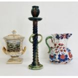 Large Masons ironstone china jug decorated in the Imari pattern, a studio pottery candlestick and
