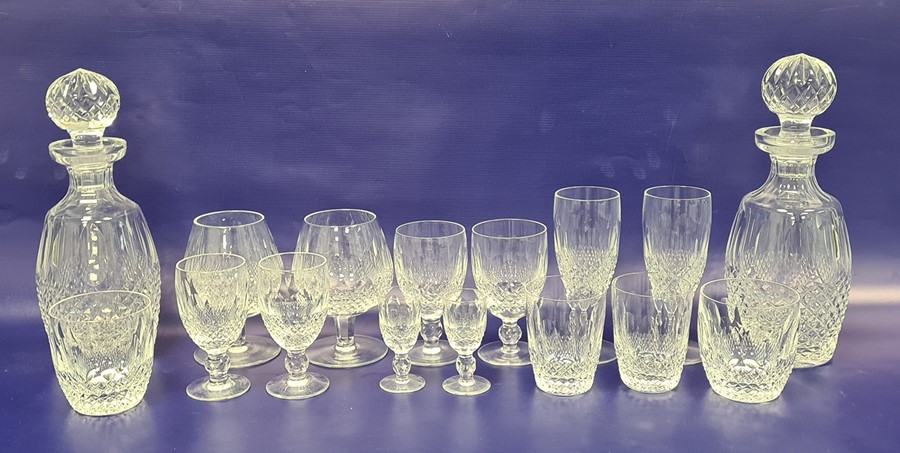 Waterford cut glass part table service to include pair barrel-shaped decanters and stoppers, stem