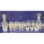 Waterford cut glass part table service to include pair barrel-shaped decanters and stoppers, stem