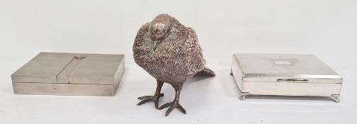 Electroplated figure of bird, apparently unmarked, an electroplated cigarette box with engine-turned