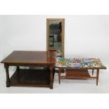 Tile-top of mosaic form featuring flowerheads, coffee table with undertier and an oak two-tier table