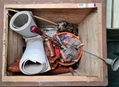 Tea chest containing table underlays, assorted tools, folding stool, feather duster, etc