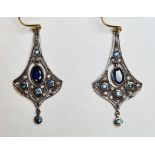 Pair of drop earrings set with sapphires and diamonds, boxed
