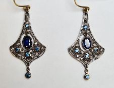 Pair of drop earrings set with sapphires and diamonds, boxed