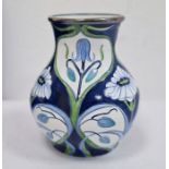 Moorcroft miniature enamel vase, baluster-shaped, blue ground with bluebell and daisy decoration