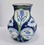 Moorcroft miniature enamel vase, baluster-shaped, blue ground with bluebell and daisy decoration