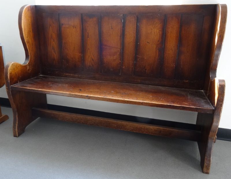Oak pew with shaped sides, plain slatted back, 152cm long  Condition ReportSOme knocks, split to