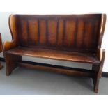 Oak pew with shaped sides, plain slatted back, 152cm long  Condition ReportSOme knocks, split to