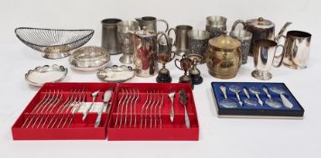 Assorted metalware to include teapot, tankard, etc (1 box)