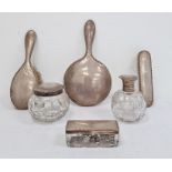 1920's silver-mounted dressing table set viz:- scent bottle with cut glass base, silver and cut