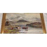 J Morris Pair oils on canvas Highland cattle standing in and by a lake, mountains in the