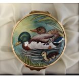 Moorcroft enamel trinket pot, cylindrical and decorated with ducks and ducklings among bulrushes,