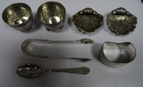 Pair of Victorian silver salts, of circular form, engraved decoration, and raised on ball feet (