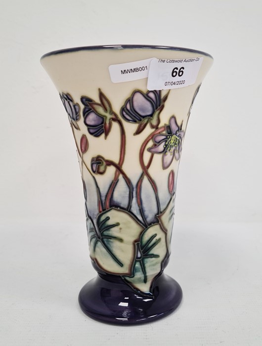 Moorcroft vase of tapering form, cream ground with blue base, violet decoration, initialled ‘JW’ and - Image 2 of 6