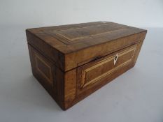 Rosewood and inlaid rectangular tea caddy box with hinged lid opening to reveal two inlaid covers