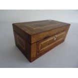 Rosewood and inlaid rectangular tea caddy box with hinged lid opening to reveal two inlaid covers