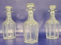 Set of three early 19th century hand etched decanters and stoppers (3) Condition ReportNo