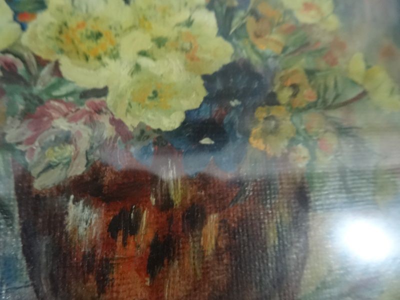 Unattributed Oil on board Anenomes in vases on a windowsill, looking through to snowy mountains in - Image 5 of 6