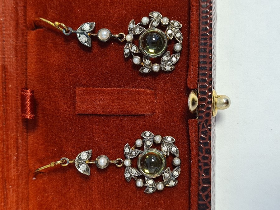 Pair of drop earrings set with peridots, seed pearls and diamonds, boxed - Image 3 of 3