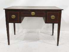 19th century mahogany and satinwood banded dressing table with three assorted drawers, on square