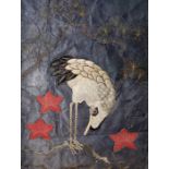 Oriental embroidery Heron embroidered on blue silk ground, raised, with a glass(?) eye, leaves and