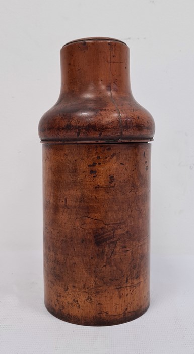 19th century treen bottle holder, the turned lid with screw thread, cylindrical body
