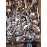 Quantity of silver plated table flatware along with three silver mustard spoons and butter knife