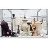 Five various table lamps including a white ceramic labelled 'Casa Pupa', a metal and faux-onyx, a