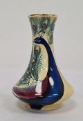 Moorcroft miniature enamel vase, angular baluster-shape, cream ground with peacock decoration,