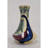 Moorcroft miniature enamel vase, angular baluster-shape, cream ground with peacock decoration,