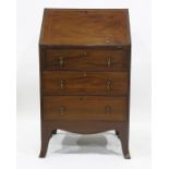 Mahogany and satinwood banded bureau with three drawers, on splayed legs, 60.5cm x 104cm