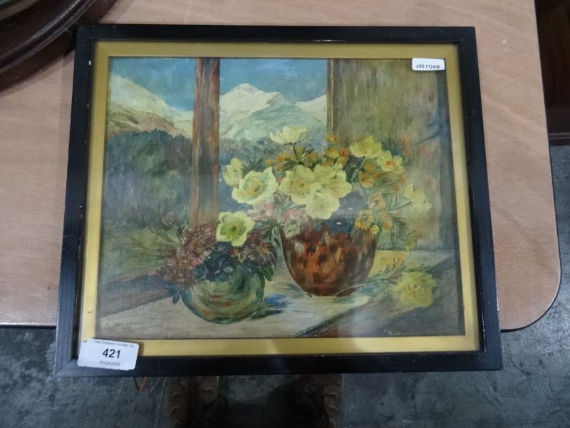 Unattributed Oil on board Anenomes in vases on a windowsill, looking through to snowy mountains in - Image 2 of 6