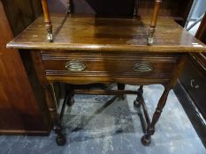 20th century single drawer oak side table on turned block supports, ball feet and a modern yew two-