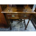 20th century single drawer oak side table on turned block supports, ball feet and a modern yew two-