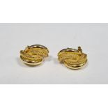Pair 18K gold earrings, mesh and plain pattern overlapping twin crescents, approx 6.5g
