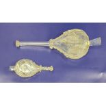 Two variously sized antique glass flasks with narrow funnel spouts, applied and white opaline