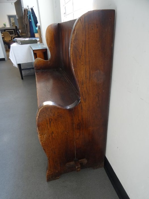 Oak pew with shaped sides, plain slatted back, 152cm long  Condition ReportSOme knocks, split to - Image 4 of 8