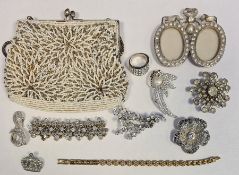 Quantity of diamante and similar costume jewellery and a lady's white and silver beaded evening