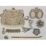 Quantity of diamante and similar costume jewellery and a lady's white and silver beaded evening
