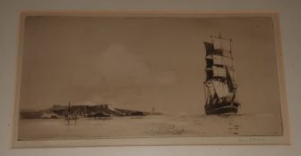 After Frank H Mason Two etchings Four-masted sailing ship being led in by a tug, studio stamps in