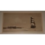 After Frank H Mason Two etchings Four-masted sailing ship being led in by a tug, studio stamps in