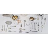 Small collection of silver-plated items to include teapot, hot water pot, flatware, wafer barrel,