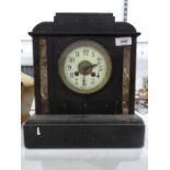 Late 19th century black marble mantel clock of square form, the cream enamelled dial painted with