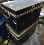 Two tin trunks, both with handles stamped 'Milners, Liverpool' (2)  measurements :- 44 x 30 x 30 cms