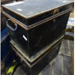 Two tin trunks, both with handles stamped 'Milners, Liverpool' (2)  measurements :- 44 x 30 x 30 cms